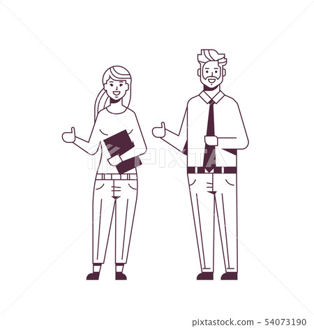 happy businesspeople man woman holding hand with thumb up gesture couple coworkers standing together happy businesspeople man woman holding hand with thumb up gesture couple coworkers standing together 54073190