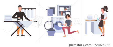 set man ironing clothes woman putting dirty clothes into washing machine doing housework different set man ironing clothes woman putting dirty clothes into washing machine doing housework different 54073282