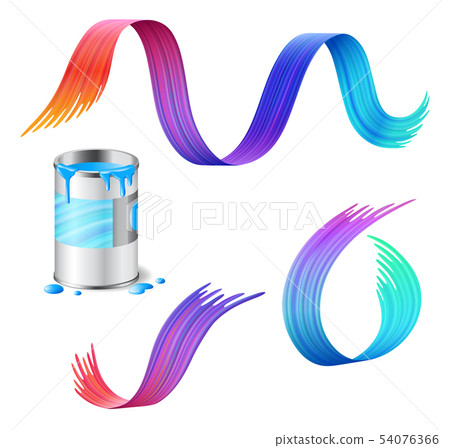 Open metal can of blue paint with rainbow paint strokes set 54076366