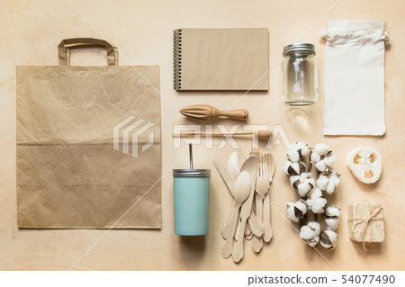 Zero waste concept. Wooden utensils, reusable bag 54077490