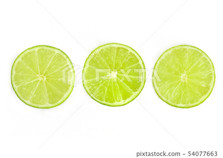 Three vibrant lime slices, shot from the top on a white background Three vibrant lime slices, shot from the top on a white background 54077663