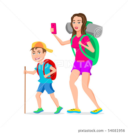 mom and son tourist hipster Funny cartoon mom and son tourist hipster Funny cartoon 54081956