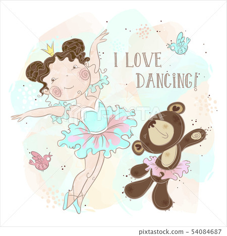 Little ballerina girl dancing with a bear. I love dancing. Inscription. Vector Little ballerina girl dancing with a bear. I love dancing. Inscription. Vector 54084687