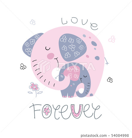 Elephant with a baby elephant in a cute style. Together forever. Inscription. Vector Elephant with a baby elephant in a cute style. Together forever. Inscription. Vector 54084998