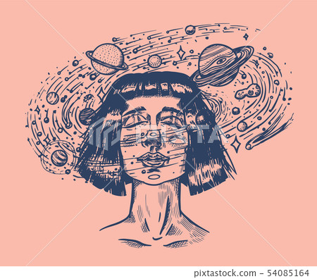Young woman with planets. Double exposure Future girl astronomer and stars in space. Science fiction 54085164