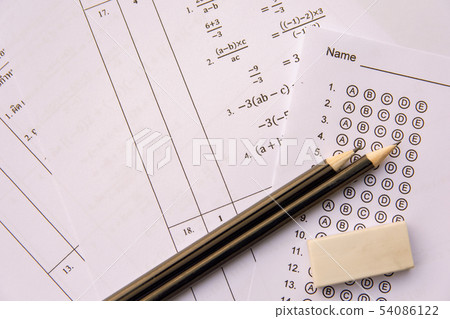 Pencil and eraser on answer sheets or Standardized Pencil and eraser on answer sheets or Standardized 54086122