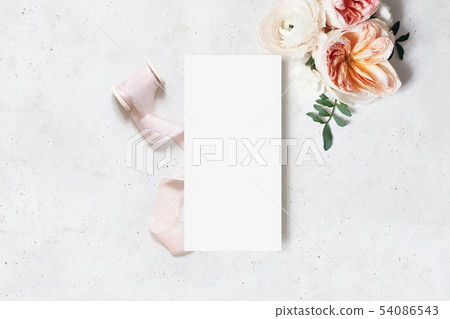 Wedding, birthday stationery mock-up scene. Blank menu card. Decorative floral corner and ribbon 54086543