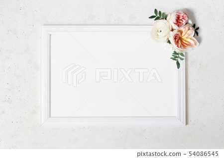 Wedding, birthday sign board mock-up scene. Blank white wooden frame. Decorative floral corner 54086545