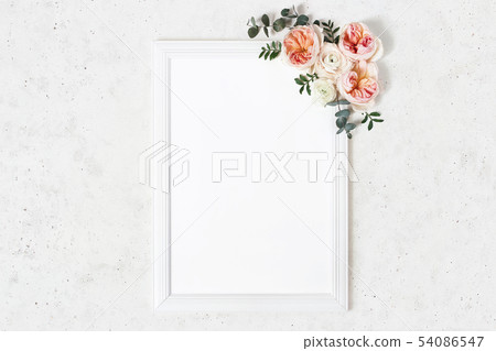 Wedding, birthday sign board mock-up scene. Vertical white wooden frame. Decorative floral corner 54086547