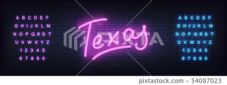 Texas neon lettering. Glowing light Texas template Texas neon lettering. Glowing light Texas template 54087023