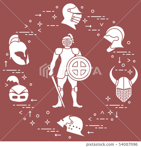 Knight with shield, sword, and different helmets Knight with shield, sword, and different helmets 54087096