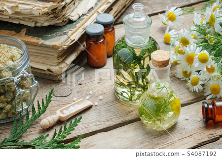 Infusion bottles, Chamomile and Thuja plants 54087192