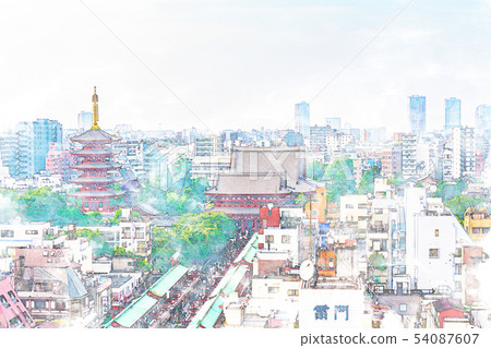 [水彩風格]淺草寺五重塔和高塚（Niomon） 54087607