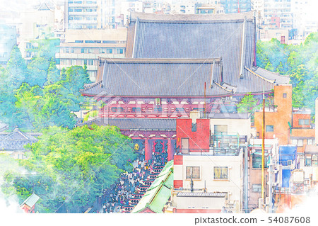 [水彩風格]淺草寺仲見世街和高塚門 54087608