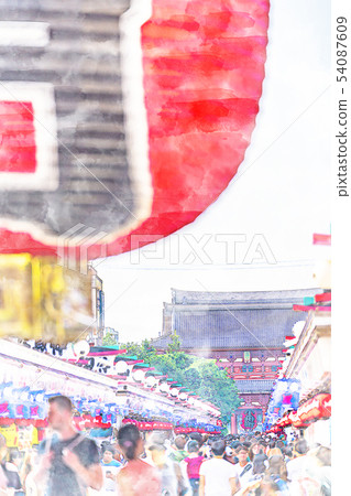 [水彩風格]來自Kamimonmon Nakamise Street和Takazomon的Senso-ji Temple 54087609