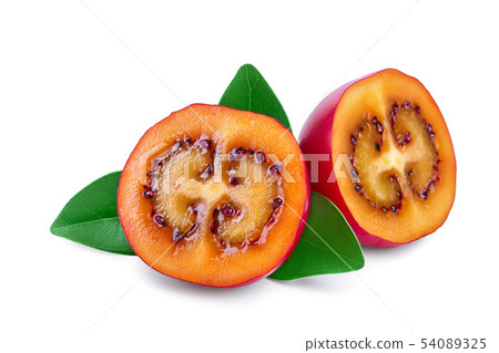 Fresh tamarillo half fruit with leaves isolated on white background Fresh tamarillo half fruit with leaves isolated on white background 54089325