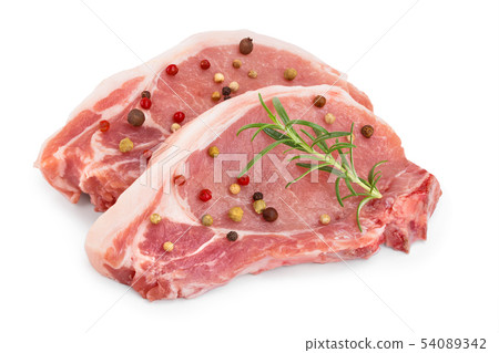 sliced raw pork meat with rosemary and peppercorn isolated on white background sliced raw pork meat with rosemary and peppercorn isolated on white background 54089342