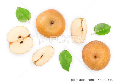 Fresh asian pear with leaves isolated on white background. Top view. Flat lay. Fresh asian pear with leaves isolated on white background. Top view. Flat lay. 54089350
