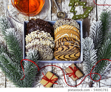 view with festive cookies in box 54091781