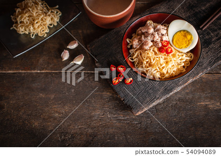 Instant noodle with pork, egg and vegetables on Instant noodle with pork, egg and vegetables on 54094089