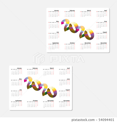 2020 Calendar Template.Starts Monday.Yearly 54094401