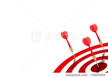 One of group red darts hit target on dartboard. 54095943