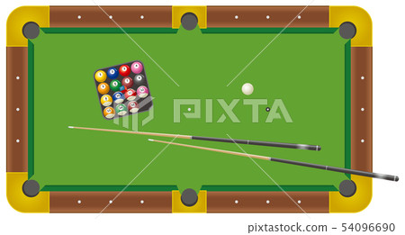Ball and cue on billiard table 54096690
