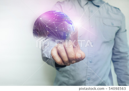 Human touching planet with finger and network web 54098563