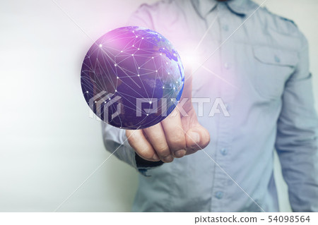 Human touching planet with finger and network web 54098564