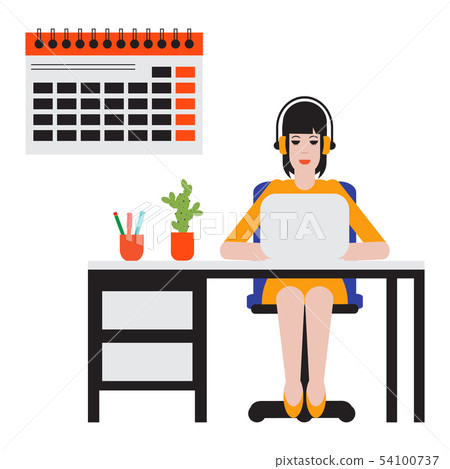 Girl sitting at the table and working on laptop Girl sitting at the table and working on laptop 54100737