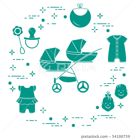 Stroller, twins, rattle, pacifier, bib, overalls Stroller, twins, rattle, pacifier, bib, overalls 54100739