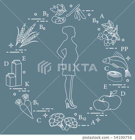 Pregnant woman and foods rich in vitamins 54100758