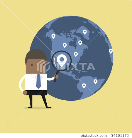 Businessman finding map pin over world map. 54101173