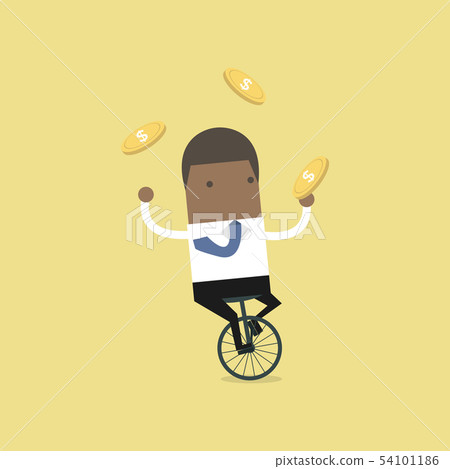 African businessman juggling coin while cycling. 54101186