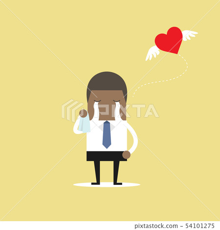 Businessman crying broken heart with heart flying. Businessman crying broken heart with heart flying. 54101275