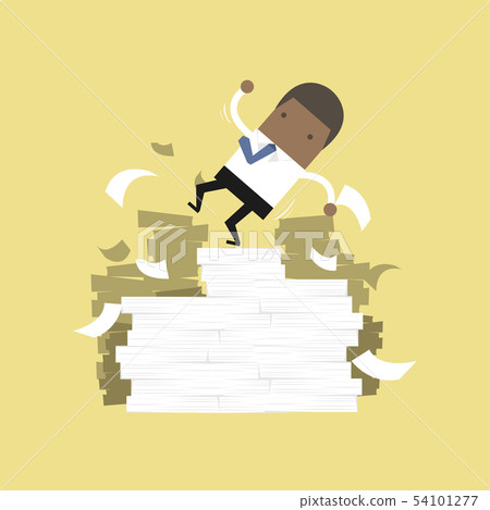 African businessman falling of paper mountain. African businessman falling of paper mountain. 54101277