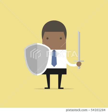 African businessman warrior with shield and sword. 54101284
