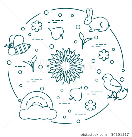 Rainbow, chicken, rabbit, bee Spring theme. 54101317