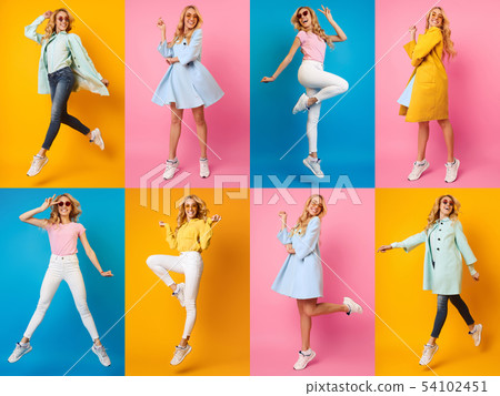 Girl Jumping And Posing On Colourful Backgrounds Girl Jumping And Posing On Colourful Backgrounds 54102451