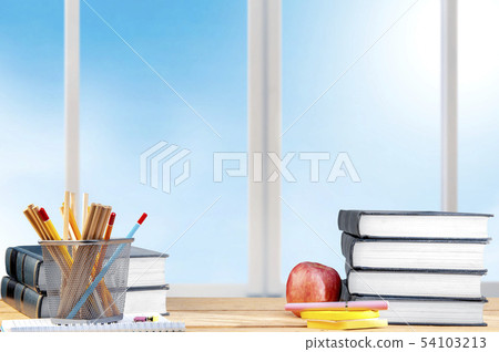 Pile of books with notes paper and pen Pile of books with notes paper and pen 54103213