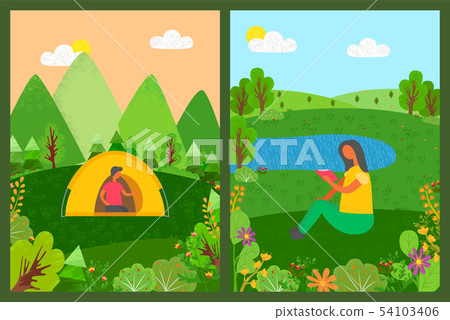 Camping People, Man in Tent and Woman Reading 54103406
