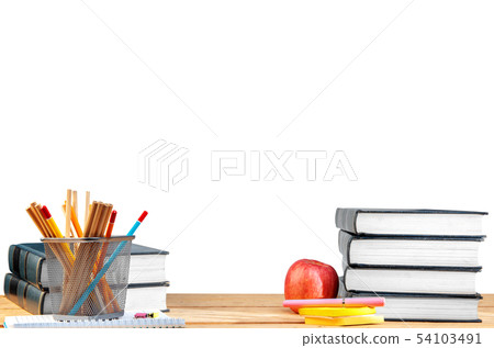 Pile of books with notes paper and pen 54103491