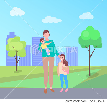 Woman Walking with Daughter Carrying Baby in Park Woman Walking with Daughter Carrying Baby in Park 54103571