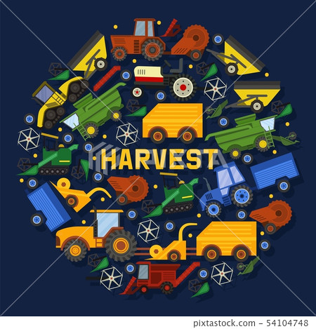 Harvesting machines banner vector illustration. Equipment for agriculture. Industrial farm vehicles Harvesting machines banner vector illustration. Equipment for agriculture. Industrial farm vehicles 54104748
