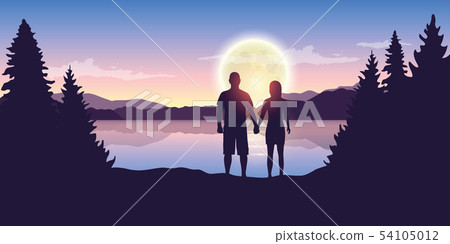 young couple looks to the full moon at... - Stock Illustration ...