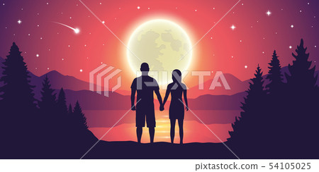 couple looks to the full moon and falling stars... - Stock Illustration ...