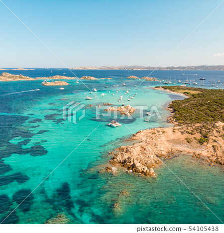 Drone aerial view of Razzoli, Santa Maria and Budelli islands in Maddalena Archipelago, Sardinia 54105438