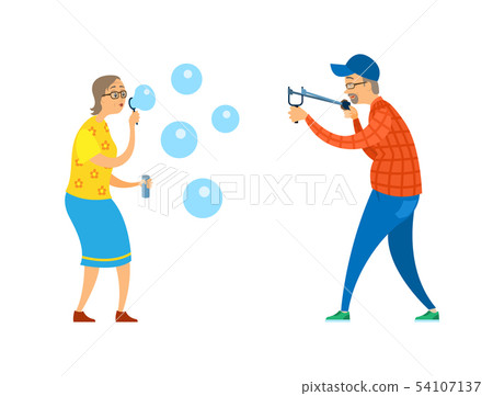 Pensioners with Catapult and Soap Bubbles Vector 54107137