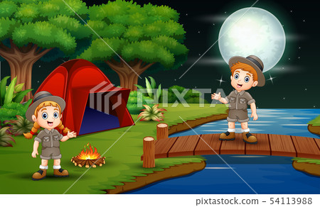 Scout boy and girl are camping in the nature - Stock Illustration ...