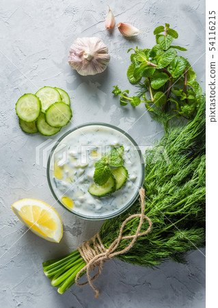 Tzatziki sauce and ingredients 54116215